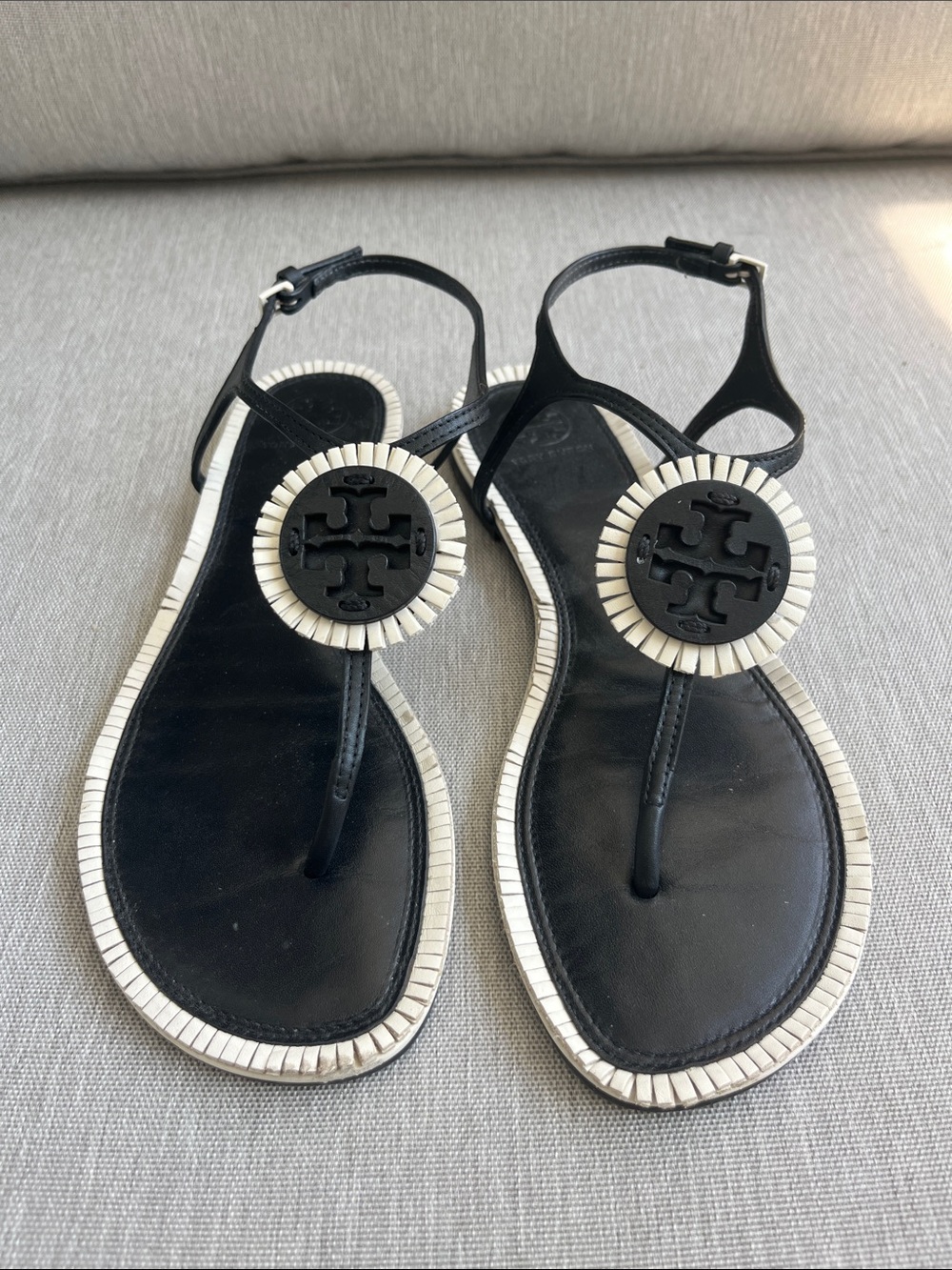 Tory Burch Black Leather Logo Thong Sandals with White Trim